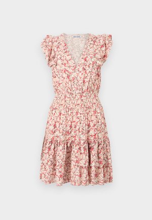 Floral dress in light pink with red and green patterns, short ruffled sleeves, V-neck, and smocked waist. Features a flared skirt.