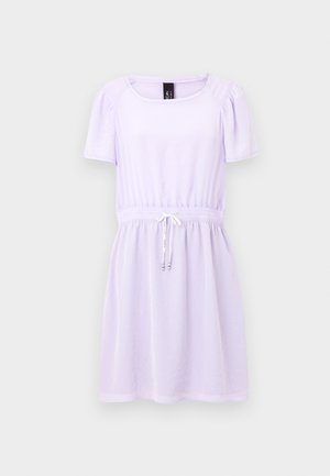 Lilac short-sleeve dress with gathered waist and drawstring detail, made from a soft, lightweight material. Features a square neckline.