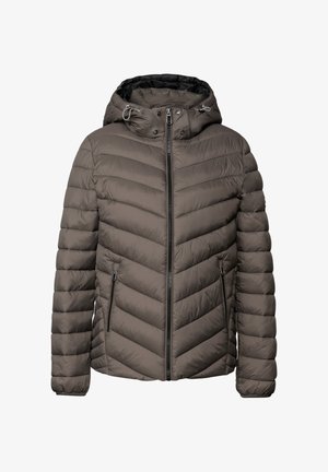 Tmavě šedá péřová bunda s kapucí, která se pyšní prošívaným designem, zipovým zapínáním vpředu a dvěma postranními kapsami s elastickými manžetami.