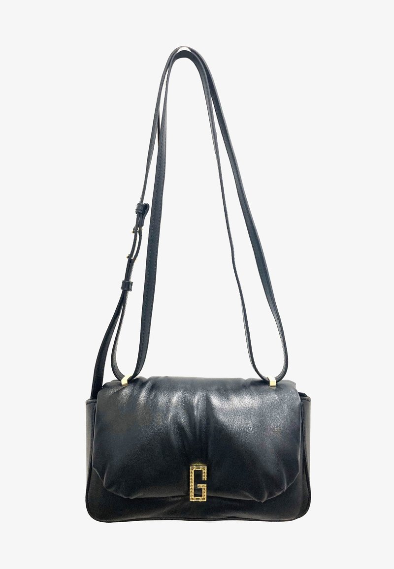 Borsa a spalla in pelle nera con un design morbido e arricciato. Presenta un accento del logo dorato e una tracolla regolabile per una maggiore versatilità.