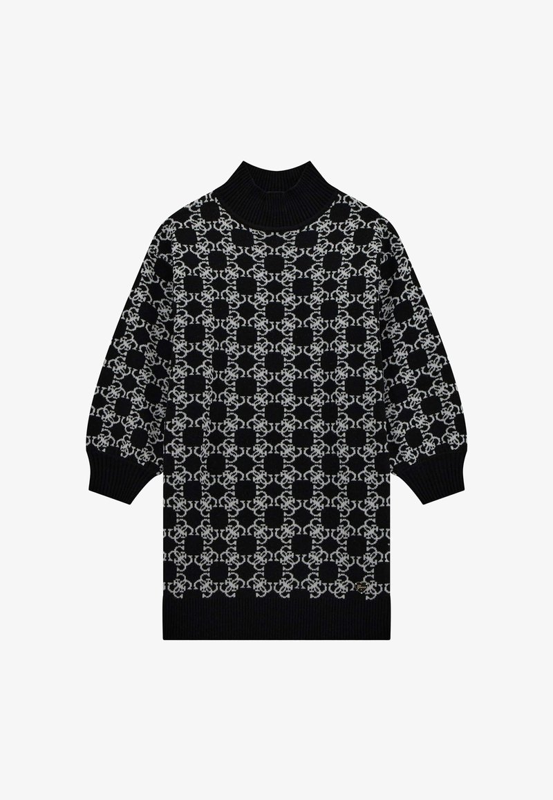 Juodas megztinis su aukštu apykakle, laisva forma ir sudėtingu baltu geometriniu raštu audinyje. Įtraukta trumpa rankovė.