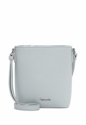 Light gray textured leather crossbody bag with adjustable strap and silver-tone logo plaque on front.