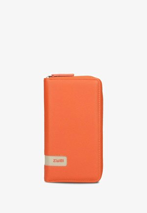 Orange zip-around leather wallet with beige logo patch labeled "zwei" on front lower left corner.
