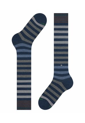 Calze a righe con colori navy, grigio e azzurro chiaro. Tessuto morbido, lunghezza standard con punta rinforzata e accenti colorati a righe.