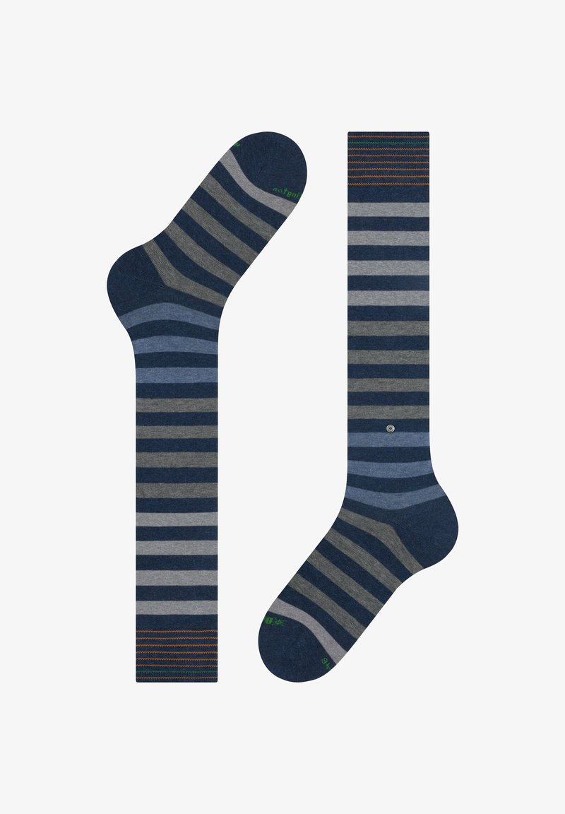 Calze a righe con colori navy, grigio e azzurro chiaro. Tessuto morbido, lunghezza standard con punta rinforzata e accenti colorati a righe.