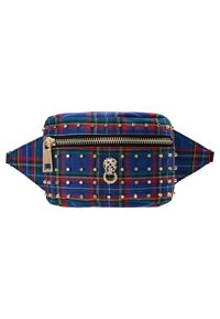 Blå rutig midjeväska med röda detaljer, metallnitar och en dragkedja. Har en dekorativ kristallinredning på framsidan.