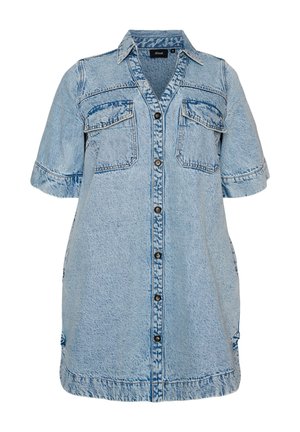 Hellblaues Jeanskleid mit kurzen Ärmeln, vorderen Knöpfen, zwei Brustklappentaschen und spitzem Kragen, Größe Medium, Etikett "Zizzi".
