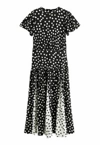 Svartvit prickig klänning med korta volangärmar, en figurnära bodice och en flerfaldig kjol-design, med kontrasterande tyg vid fållen.