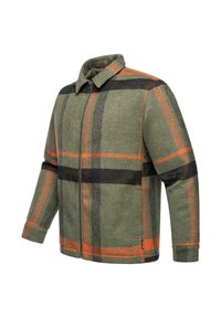 Green plaid jacket with orange and black stripes, textured fabric, collar, and zip front. Features long sleeves and side pockets.