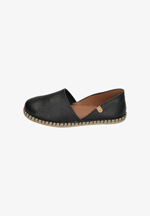 Black leather slip-on flat shoe with textured surface, beige stitched sole, and low-cut open sides for casual wear.