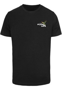 Black cotton t-shirt with round neck; features white and colored "FLOW OF LIFE" graphic with a hummingbird design on the left chest.