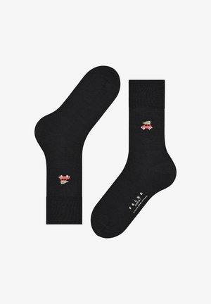 Black socks made of cotton blend, featuring a red car with a Christmas tree design. Ribbed cuff at the top and brand name printed at the bottom.