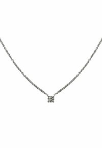 Collar de cadena de plata con un colgante cuadrado transparente en el centro, que presenta un acabado pulido y un diseño de eslabones intrincado.