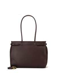 Bruine leren tote bag met een gladde textuur, dubbele handvatten en een afneembare schouderriem. Heeft een minimalistisch ontwerp en subtiele accenten.