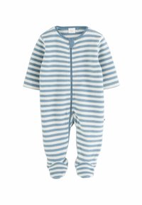 Jeune combinaison en polaire rayée, douce, de couleur bleu clair et blanche, avec une fermeture zippée à l'avant et un design avec chaussons. Matériau confortable pour la chaleur.