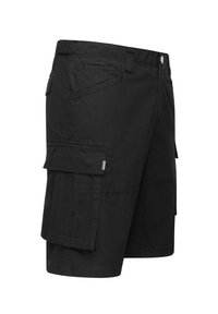 Černé cargo šortky s několika kapsami, vyrobené z lehkého materiálu. Mají zipový zip, poutka na opasek a mírně strukturovaný povrch.