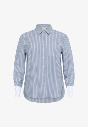 Camicia a righe blu e bianche, maniche lunghe, chiusura con bottoni, colletto a punta, taschino singolo sul petto, polsini bianchi, orlo leggermente arrotondato.