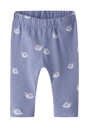 Leggings de bebé lavanda con cintura elástica, con un patrón repetido de caracoles blancos con conchas de arcoíris y pequeños corazones rosas.