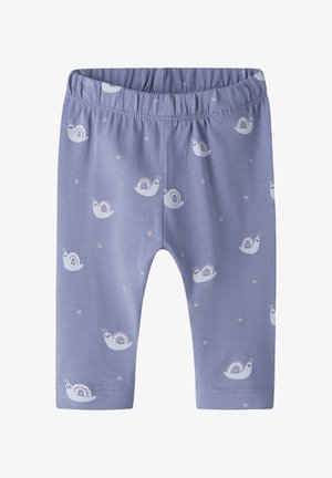 Leggings de bebé lavanda con cintura elástica, con un patrón repetido de caracoles blancos con conchas de arcoíris y pequeños corazones rosas.