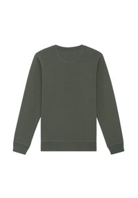 Donkergroene sweatshirt met ronde hals, lange mouwen, ribgebreide boorden en onderrand, met een gladde textuur en een eenvoudig ontwerp zonder patronen.