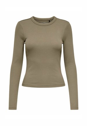 Figursyet langærmet ribstrikket top i olivengrøn med rund halsudskæring og en let cropped kant.