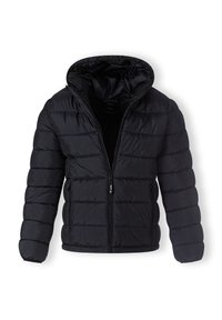 Chaqueta puffer negra con capucha, diseño acolchado, cierre de cremallera y mangas largas. Fabricada con un material suave y brillante.