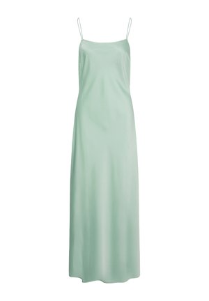 Svetlozelené saténové šaty na ramienka s tenkými špagetovými ramienkami a rovný výstrih, dĺžka až po zem a hladká textúra.
