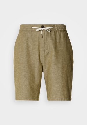 Khaki linnen shorts met een elastische tailleband, trekkoordsluiting en een enkele knoop in de taille. Lichtgewicht stof met een subtiele textuur.