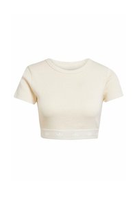 Kreemist ribatootest lühikeste varrukatega crop top, ümar kaelus ja logoga äär alläärde. Pehme tekstuur ja peale jääv disain.