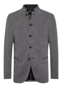 Gray herringbone jacket featuring a stand collar, six black buttons, two front pockets, and a sleek design. Textured fabric with structured fit.