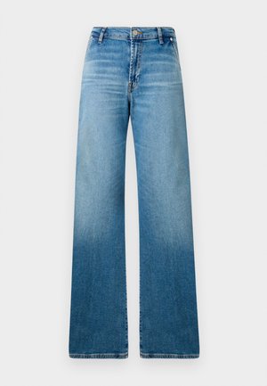 Jeans a gamba larga in denim azzurro chiaro, con un classico design a cinque tasche e una sottile texture a gradiente che va dal blu scuro al blu chiaro.