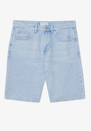 Light blue denim shorts with a straight cut, featuring front pockets, button closure, and a faded finish. Classic five-pocket design.