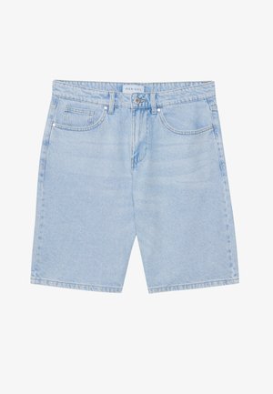 Vaaleansiniset farkkushortsit, joissa suora leikkaus, etutaskut, nappisuljenta ja haalistunut pinta. Klassinen viiden taskun muotoilu.