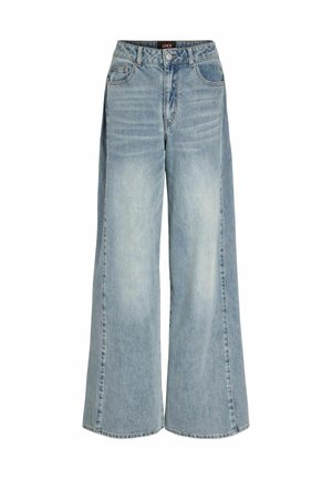 Vaaleansiniset leveälahkeiset farkut, joissa on etutaskut, vyölenkit, napillinen kiinnitys ja kevyesti kuluneet yksityiskohdat reisissä.