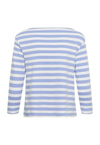 Top cu mânecă lungă, cu dungi orizontale albastre deschis și albe, având un decolteu larg și o croială lejeră. Material moale din bumbac.