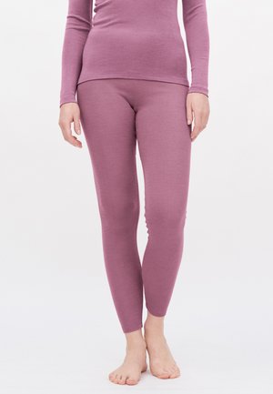 Fitted Langarmoberteil und Leggings aus weichem, dehnbarem Stoff; beide in einem sanften Lavendelton mit glatter Textur.