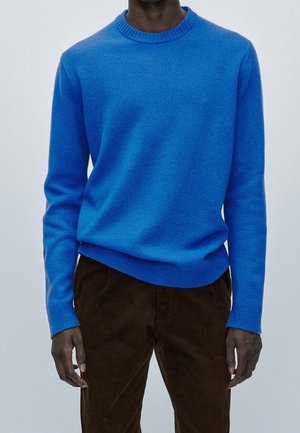 Mann trägt einen leuchtend blauen Langarmpullover und dunkelbraune Hose, steht vor einem einfarbigen hellen Hintergrund.