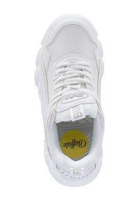 White sneaker featuring a mesh upper, cushioned sole, and textured accents. Notable yellow insole with branding detail. Laces and looped tag included.