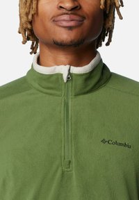 Pullover in pile verde con colletto alto e zip a un quarto. Presenta una fodera interna bianca a contrasto e il logo Columbia nero.