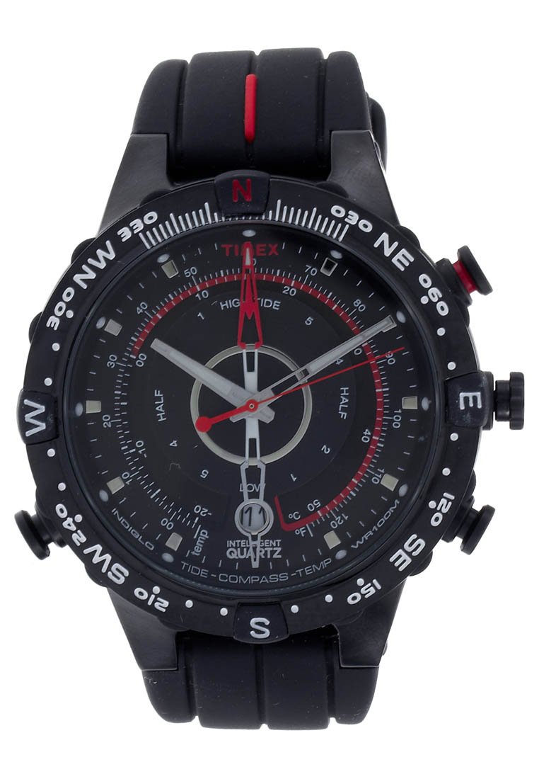 Black Timex wristwatch with compass bezel, red and white hands, tide and temperature indicators, and a black rubber strap with a red stripe.