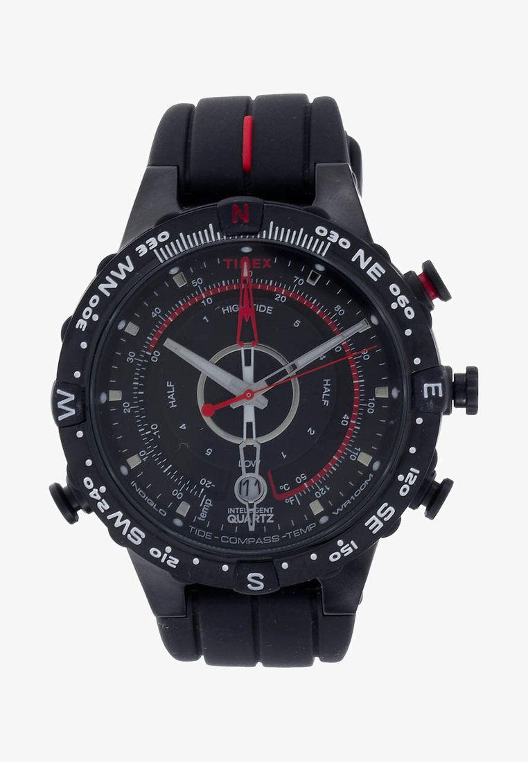 Black Timex wristwatch with compass bezel, red and white hands, tide and temperature indicators, and a black rubber strap with a red stripe.