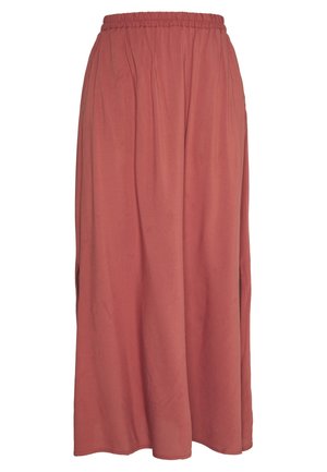 Langer Terrakotta-Rock mit elastischem Bund und seitlichen Schlitzen, gefertigt aus weichem, fließendem Stoff.