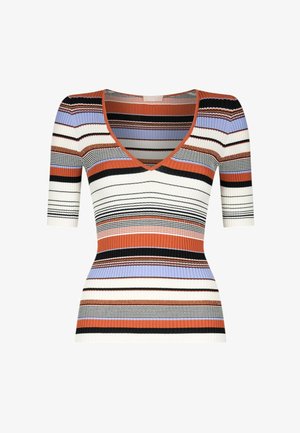 Top de punto acanalado con escote en V, mangas cortas y rayas multicolores en naranja, blanco, morado y negro.