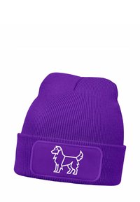 Purple knit beanie with a thick cuff. Features a white outline graphic of a dog on a rectangular patch on the front. Textured ribbed fabric.