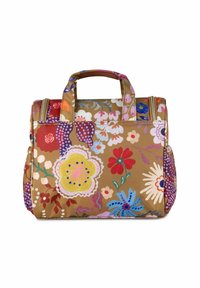 Borsa in tessuto floreale con doppi manici, caratterizzata da uno sfondo beige e motivi floreali multicolore. Include una chiusura con doppia zip.