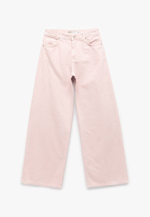 Jeans a gamba larga rosa chiaro in cotone, con chiusura a bottone e cerniera, design a cinque tasche e dettagli di cucitura discreti.
