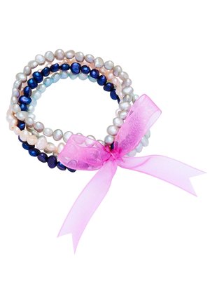 Three strands of pearls in shades of blue, pink, and white with a light pink ribbon bow accent. Smooth texture and round shapes.
