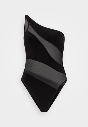 Black one-piece swimsuit featuring an asymmetric neckline and sheer mesh panels with diagonal stripes. Smooth fabric with classic fit.