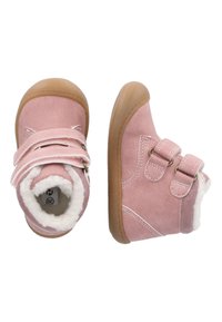 Rosa suedetoddler støvler med to velcro-stropper, fuzzy hvid foer og brune gummisåler. Kompakt form med forstærkede syninger.