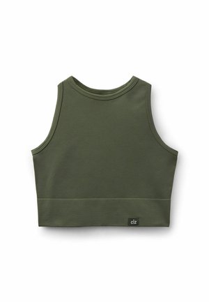 Olivgrünes, kurzes Tanktop mit ärmellosem Design und kleinem schwarzem Etikett mit dem Text "clz" am unteren Saum.